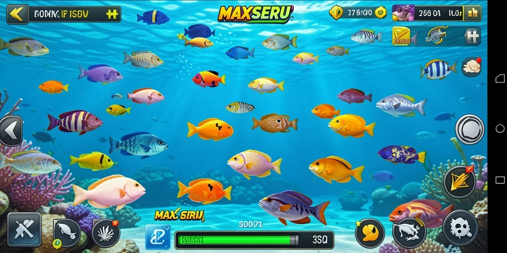 Screenshot gameplay MAXSERU menampilkan aksi menembak ikan yang seru.