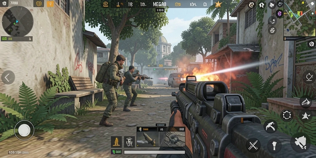 Tampilan gameplay seru dalam MEGA288 dengan aksi tembak-menembak.