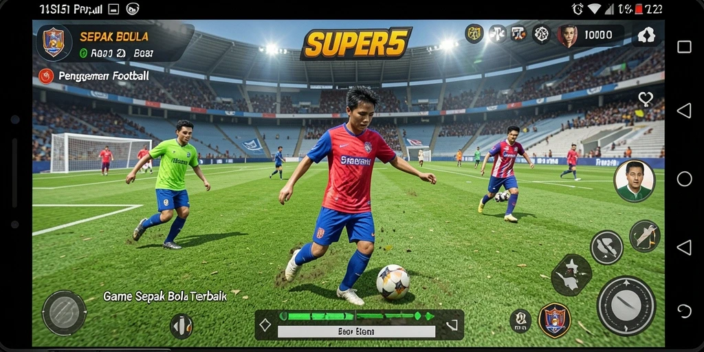 Screenshot gameplay SUPER5 menampilkan pertandingan sepak bola yang intens.