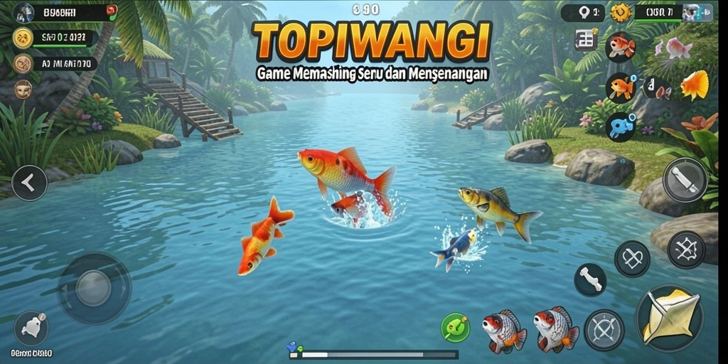 Gameplay seru saat memancing di TOPIWANGI dengan berbagai ikan dan lokasi.